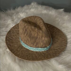 Stylish Tan Hat with Blue Patterned Band